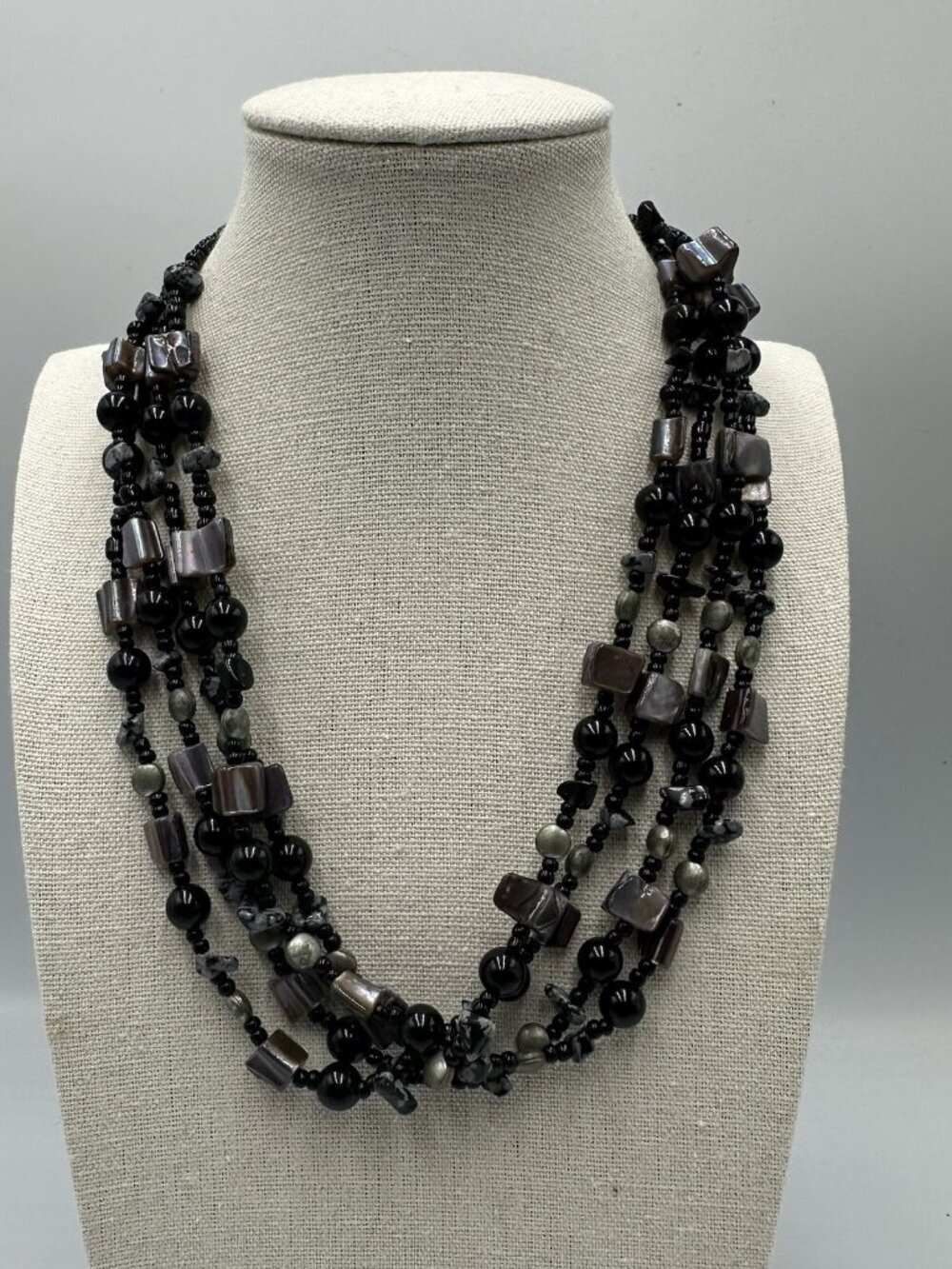 3/$30 Multistrand Beaded Necklace Black Gray Tone Layered Chunky 18 Inch